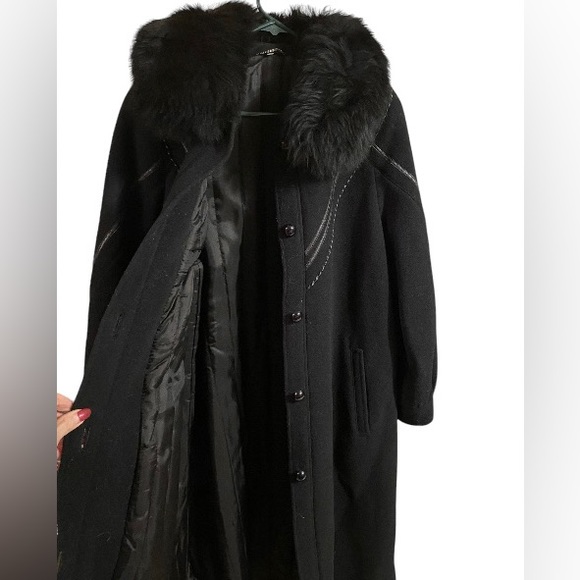Vintage 70s 80s Fur Wool Pea Trench Coat Long Leather Inserts Button Down Warm - Picture 7 of 16
